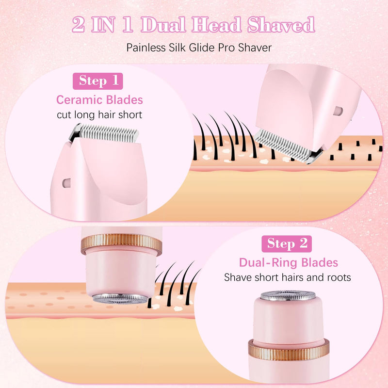 [Australia] - 2 in 1 Women Electric Shaver Dual Head Bikini Trimmer for Women, IPX7 Waterproof Wet & Dry Use Painless Electric Razors for Silk Skin, Bikini Underarm Leg Arm Body Face, Pink 