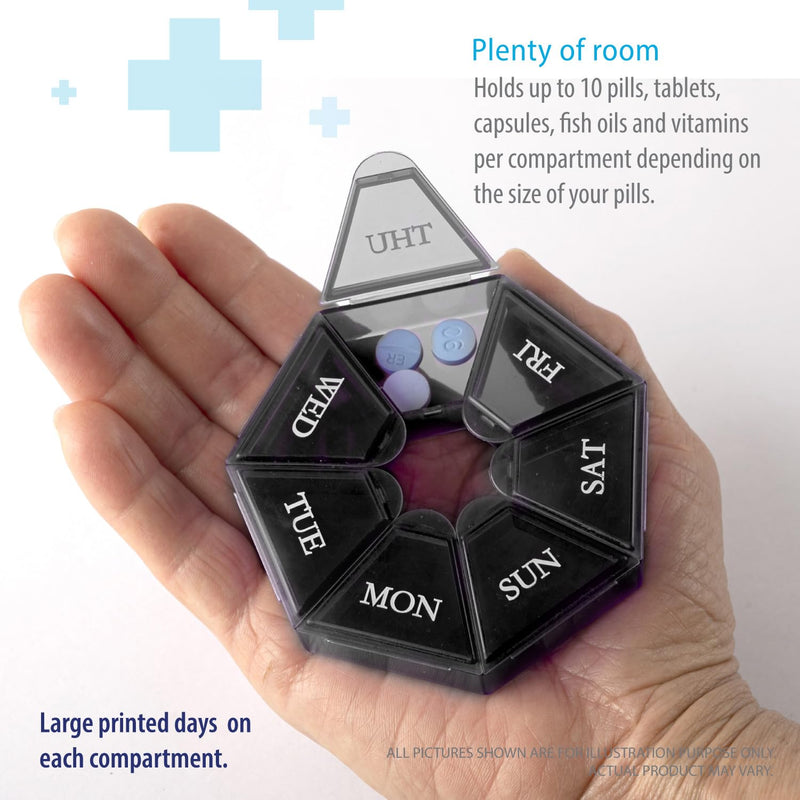 Deke Home - Small Weekly Pill Organizer (2 Pack), Round Pill Dispenser for Travel, Mini Pill Organizer, Compact Medicine Holder, Pill Sorters 7 Days, Portable Vitamin Container, BPA Free (Food Grade) Black