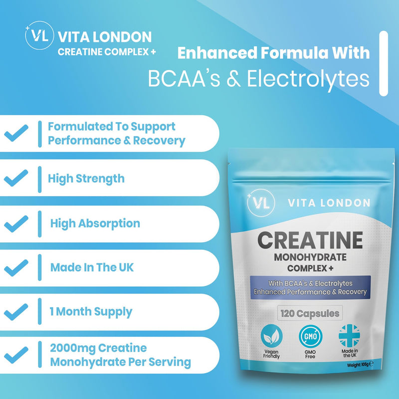 Creatine Monohydrate Complex + BCAA's & Electrolytes | 120 Vegan Creatine Capsules for Women & Men (Not Creatine Powder, Gummies or Tablets) | Enhanced Performance & Recovery 120 count (Pack of 1)