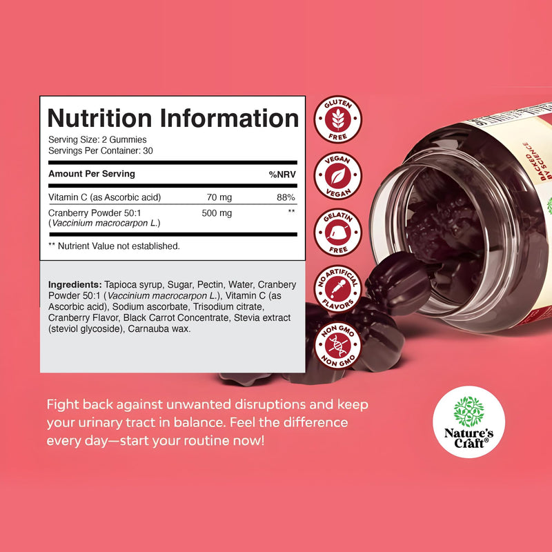 Natural Cranberry Gummies for Women and Men - Extra Strength Delicious Antioxidant Cranberry Chews for Urinary Tract Health Kidney Support Bladder & Immune Health - Vegan Gluten & Gelatin Free