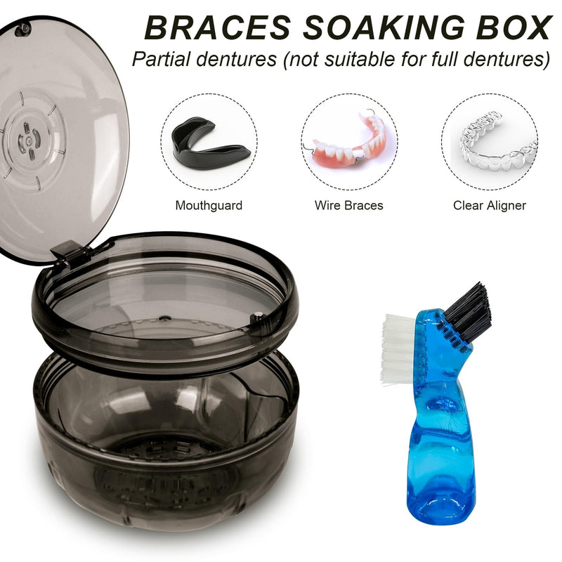 [Australia] - Retainer Cleaning Case,Portable No-Leak Denture Cup Case with Dentures Brush Kit, Travel Retainer Cases with Vent Holes for Clear Aligner,Mouth Guards,Night Guard,Dentures (Black) Black 