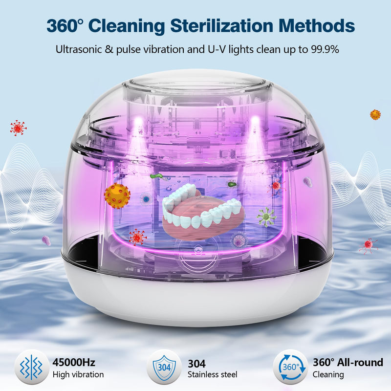 [Australia] - Retainer Cleaner Machine, 45kHz/25W Denture Cleaner, 2 Modes Mouth Guard Cleaner for Aligner, Night guard, Braces, and Jewelry Cleaner (White) White 