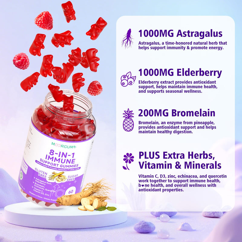 Immune Support Gummies – 8-in-1 Formula Herbal Supplements with Astragalus, Elderberry, Quercetin, Bromelain, Echinacea, Vitamin C, D3 and Zinc for Everyday Balance, Raspberry Flavor, 60 Count 60 Count (Pack of 1)