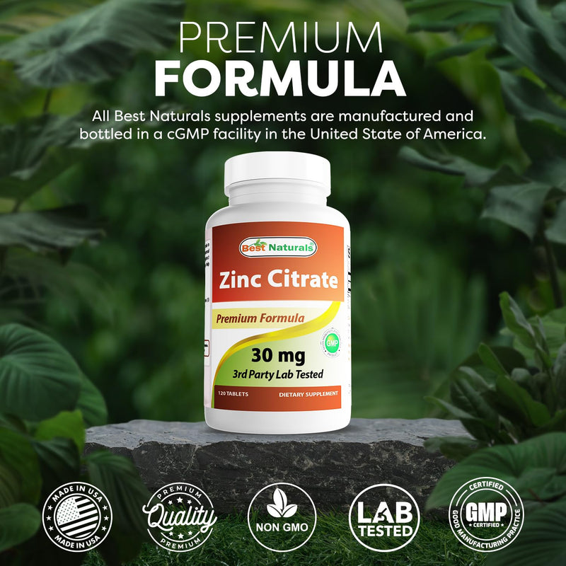 Best Naturals Zinc 30mg Supplements (as Zinc Citrate) - zinc Vitamins for Adults Immune Support - 120 Tablets (120 Count (Pack of 3))