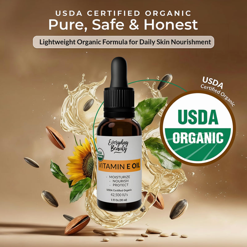Organic Vitamin E Oil – Certified Organic Blend of Vitamin E - Deeply Hydrating Care for Face, Skin, Hair, Scars – Antioxidant-Rich, Fragrance-Free, and Gentle on Skin - 1 Fl Oz Glass Dropper & Bottle