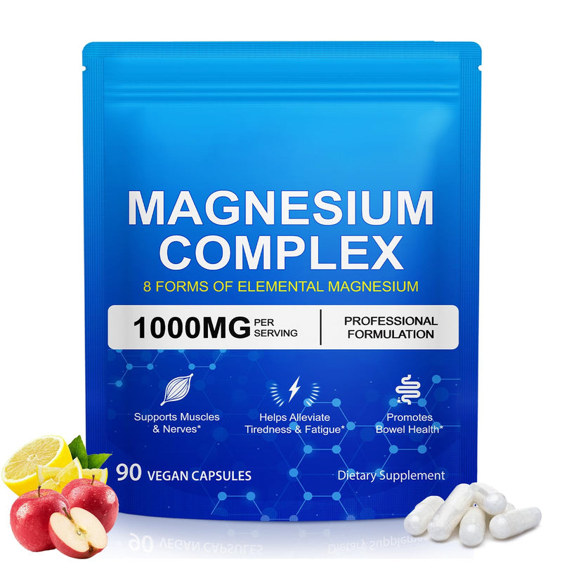 Magnesium Complex 8-in-1,1000mg High Potency with 8 Essential Forms, Vegan Capsules for Muscle, Nerve & Bowel Support, Relief Fatigue,90 Capsules