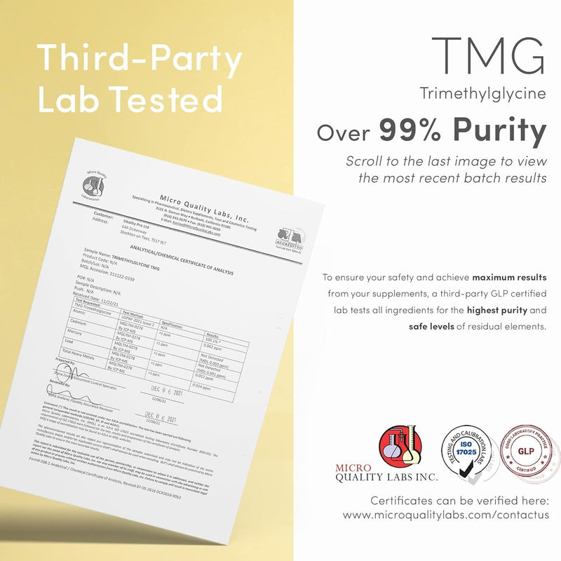 vP Vitality Pro TMG 500mg x 120 Capsules - Third Party Tested Over 99% Purity - Vitality Pro Trimethylglycine Supplement - High Strength TMG Supplement | Third Party Tested, Over 99% Purity, High Strength, Natural, No Excipients