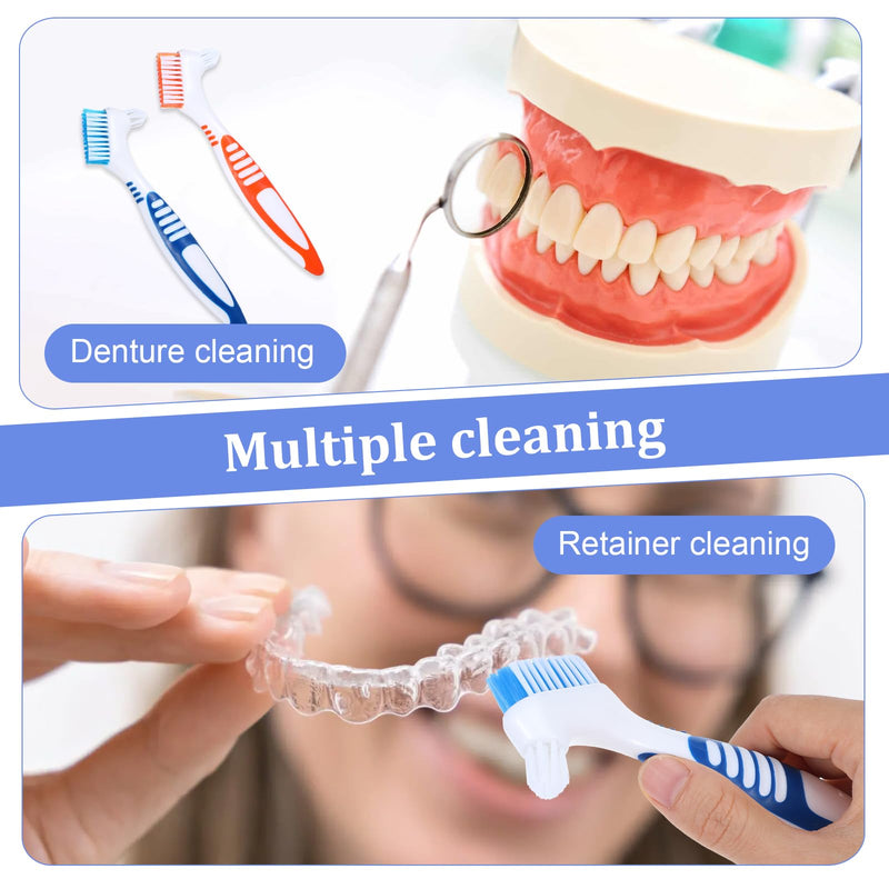 [Australia] - 2Pcs Denture Brush, Denture Cleaning Brush Set with White Carrying Case Denture Toothbrushes with Multi-Layered Soft Bristles and Rubber Anti-Slip Handle (Blue + Orange) 