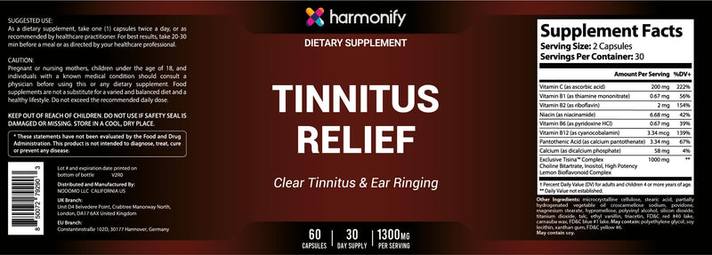 Tinnitus Relief Support Complex | Vitamin C, B-Complex, Calcium & Herbal Blend | Daily Nutritional Supplement for Auditory Wellness & Nerve Support | 60 Capsules – 30 Day Supply