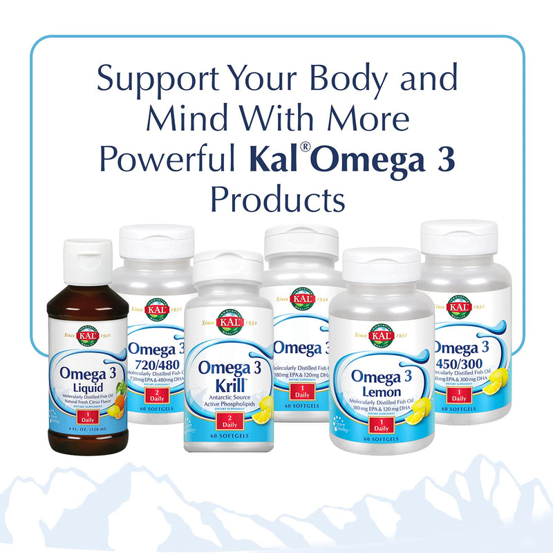 KAL 450/300 Molecularly Distilled Fish Oil Softgels - 1280 mg of Omega 3, Natural Omega 3 Supplement for Men & Women, Non GMO, Lemon Flavored - 120 Count | 1280 mg of Omega 3, Natural Omega 3 Supplement for Men & Women, Non GMO, Lemon Flavored