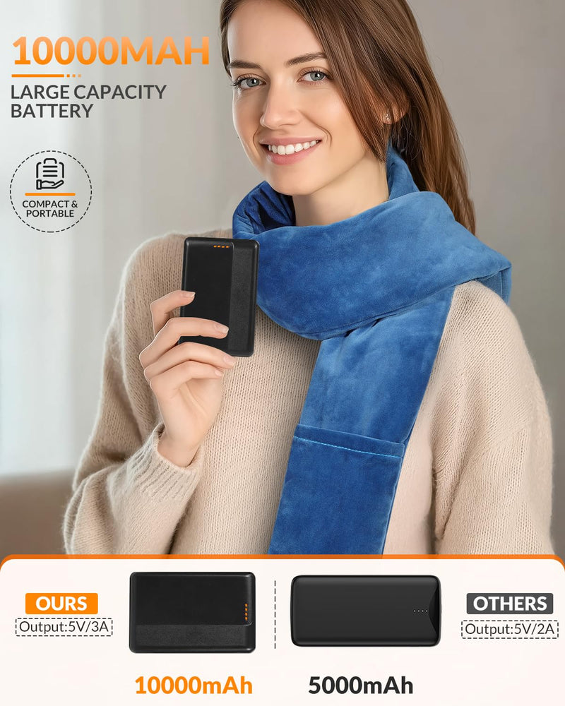 Electric Neck Heating Scarf Pad Cordless 63'' Length Heated Soft Warmer with 10000mAh Rechargeable USB Power Bank, Portable Heated Wrap, Microwave 3 Heat Settings for Brace & Shoulder, Blue