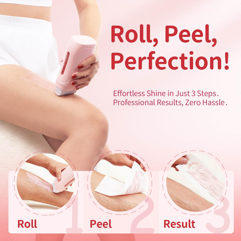 [Australia] - Wax Roller Kit- Easy Use Roll on Wax Kit with 4-6 Weeks Smooth Skin,Hair Remover for Larger Areas of the Body, Beginner-Friendly,with 50 Pcs Strips and 2 wax roller（Rose) Rose 