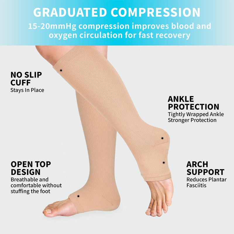 Open Toe Compression Socks 15-20 mmHg for Women and Men Knee High Toeless Circulation Compression Stockings Large-X-Large Black/Nude