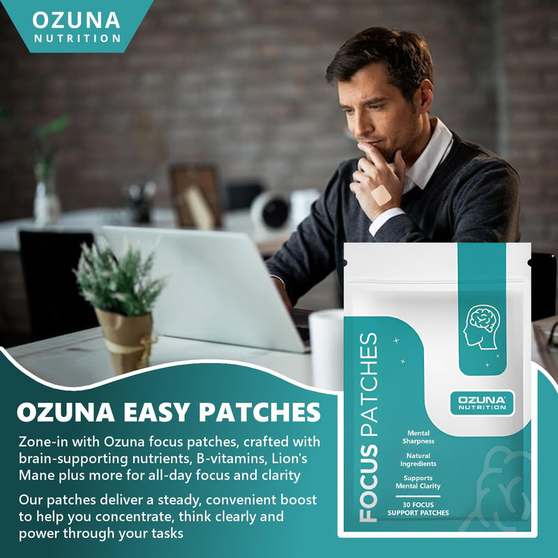 Focus Patches | Concentration & Clarity | with B Vitamins, L-Carnitine, Lions Mane, Magnesium, Ginseng, L-Theanine | 8 Hour Support | Vegan & Waterproof | 30 Patches