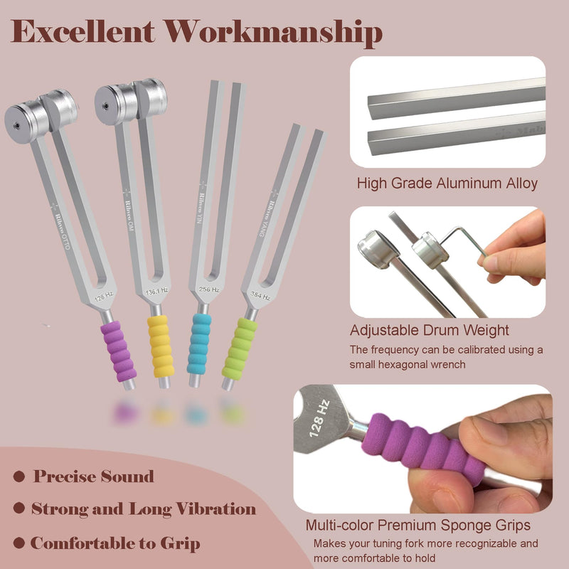 [Australia] - Tuning Forks for Healing Set (128Hz, 136.1Hz, 256Hz, 384Hz) with Activator & Reflex Hammer, Sound Therapy Instruments for Chakra/Yoga/Meditation, Frequency Healing Devices in Vegan Leather Pouch 