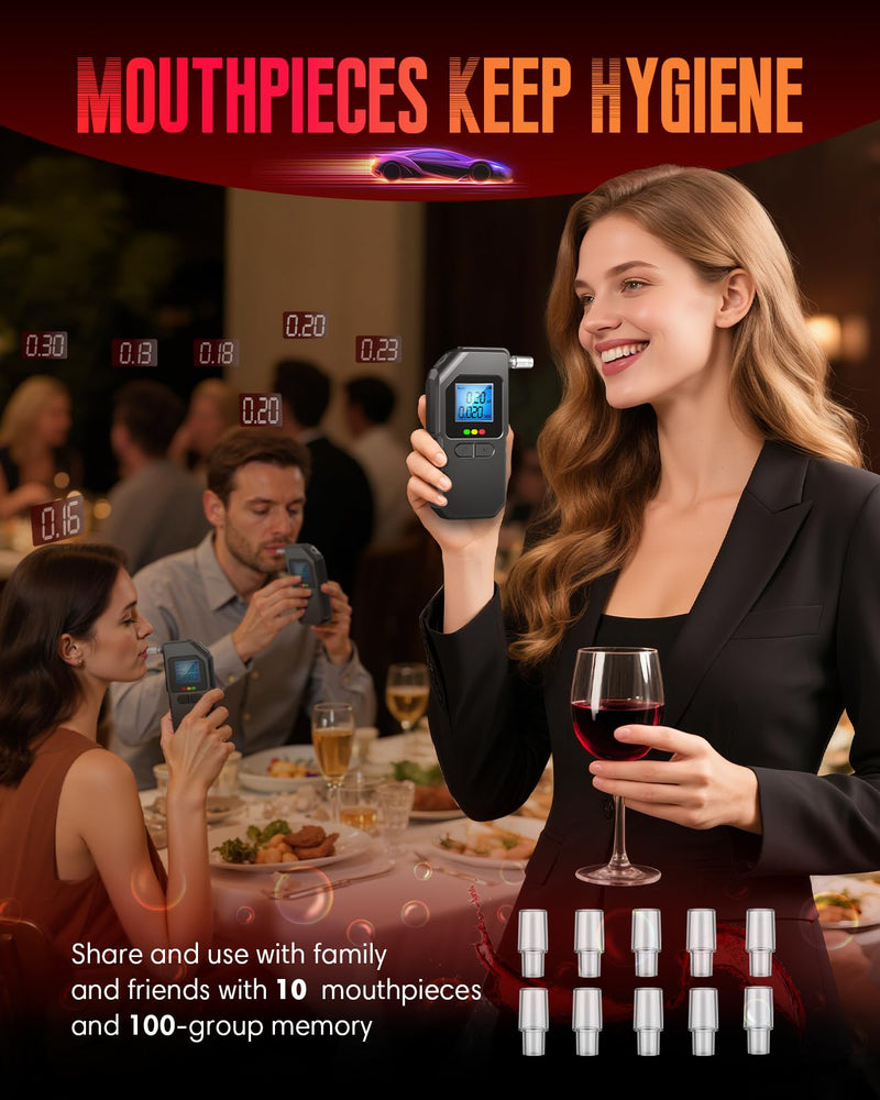 Breathalyzer, Professional-Grade Accuracy Portable Breath Alcohol Tester Breathalyzers for Alcohol with Voice Prompt & LCD Digital Display, for Home Party & Driver Use -10 Mouthpieces