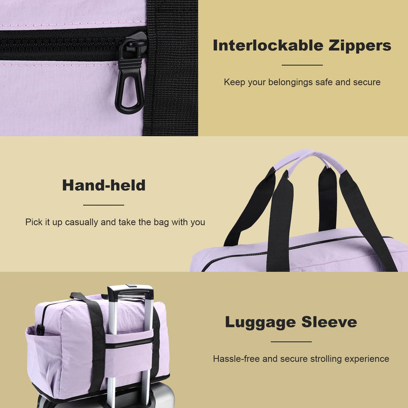 Foldable & Expandable Personal Item Travel Bag,Purple | Waterproof ,Wet-Dry Compartment ,Luggage Sleeve,Detachable Crossbody Strap,Carry on Bag,Weekender Bag,Women,Gym,Overnight Bag Purple
