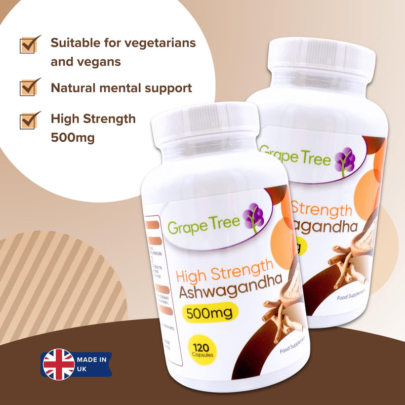 Grape Tree Ashwagandha 500mg 120 Capsules High Strength Ashwagandha Supplement Easy Daily Capsules for Men & Women UK Manufactured Food Supplement