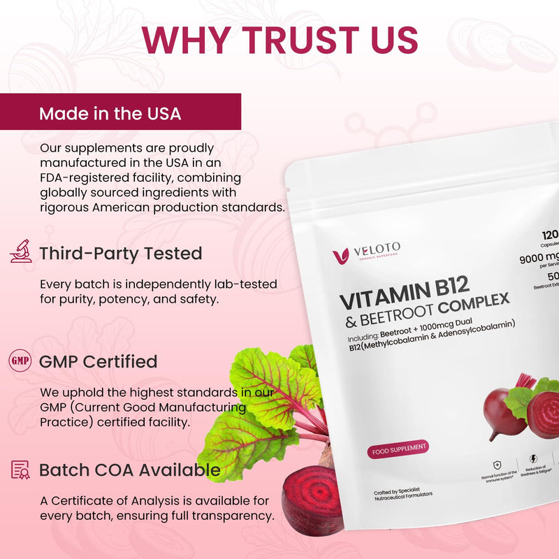 VELOTO Beetroot Capsules with Vitamin B12, High Strength 9000mg 50:1 Extract, 1000mcg Dual Active B12 Methylcobalamin & Adenosylb12, Vegan, Supports Energy Circulation & Immune Function, 120 Capsules