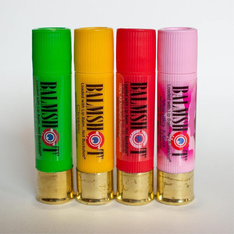 BALMSHOT Lip Balm - Multipack of four (4) SPF 15 Beeswax Chapstick with Aloe & Vitamin E, PABA Free - 20-Gauge Brass Shotgun Shell Tube – Heat Resistant, Long Lasting Lip Moisturizer – Made in USA