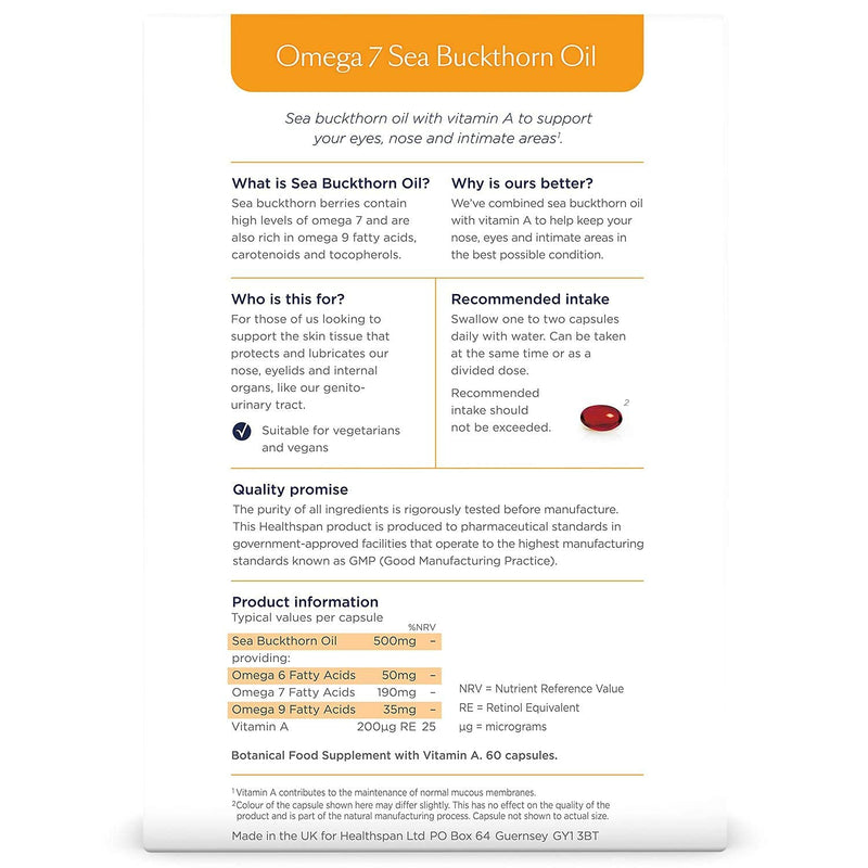 Healthspan Omega 7 Sea Buckthorn Oil 500mg | Women’s Health | High Levels of Omega 7 | Rich in Omega 9 Fatty Acids | Vitamin A | Carotenoids & Tocopherols | Vegan (60 Capsules)