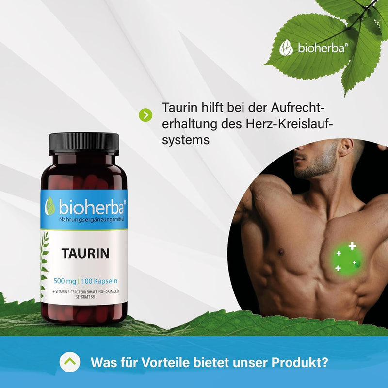 [Australia] - Taurine capsules, high dose 500 mg with vitamin A amino acids Taurine 100 capsules = 100 daily supply - for sports and fitness - pre-workout booster without caffeine - micronutrients - amino acid from BIOHERBA 