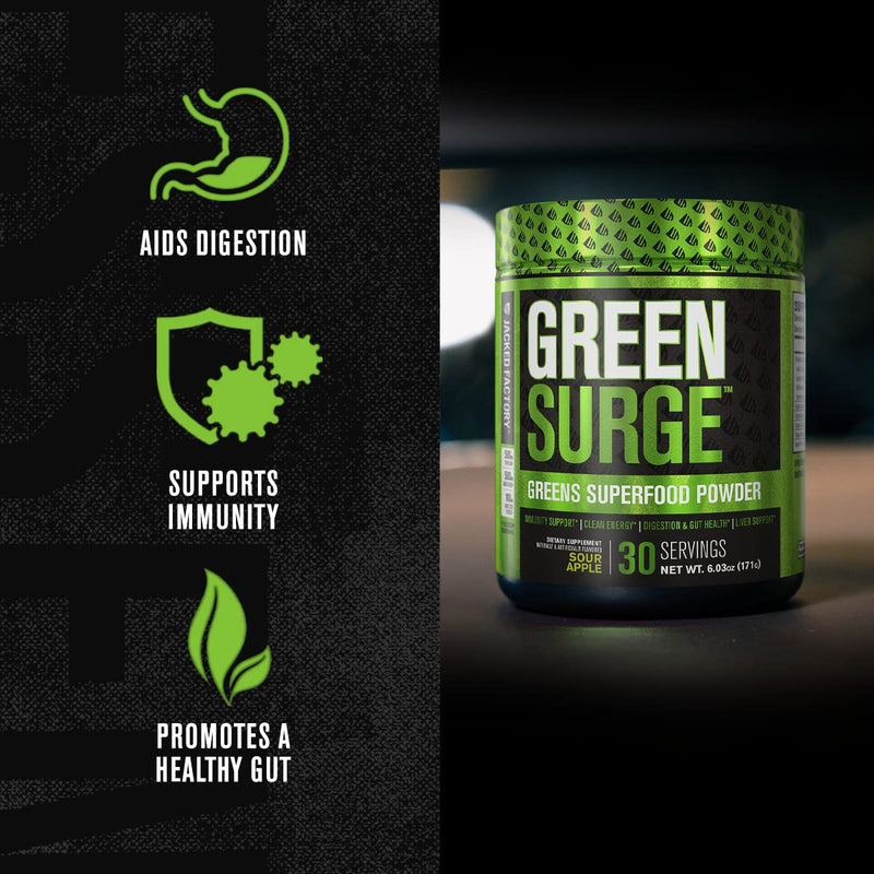 [Australia] - Jacked Factory Green Surge Green Superfood Powder- Keto Friendly Greens Drink w/Spirulina, Wheat & Barley Grass, Organic Greens - Green Tea Extract, Probiotics & Digestive Enzymes - Sour Apple 30 Servings (Pack of 1) 