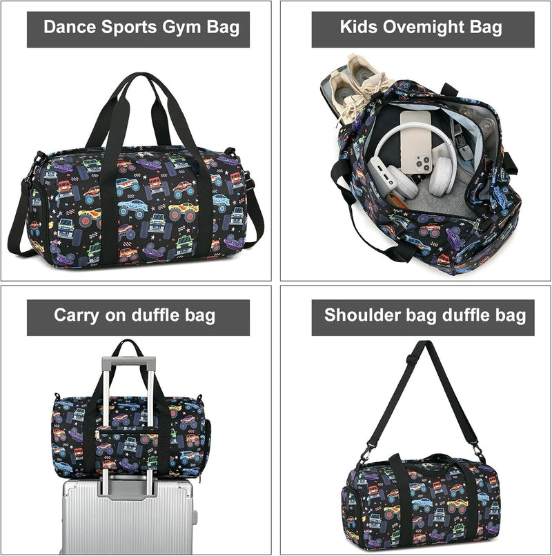 Kids Duffel Overnight Bag Boys Girls Toddler Weekender Carry-On Personalized Tote for Travel Gym Sport (A-Car) A-Car