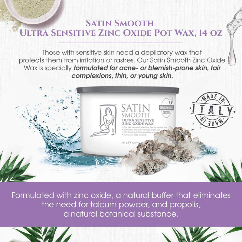 [Australia] - Satin Smooth Ultra Sensitive Zinc Oxide Wax, Hair Removal for Fine to Medium Hair, Safe for Delicate & Sensitive Skin, Waxing Kit, 14 oz, 1-Pack 14 Ounce (Pack of 1) 