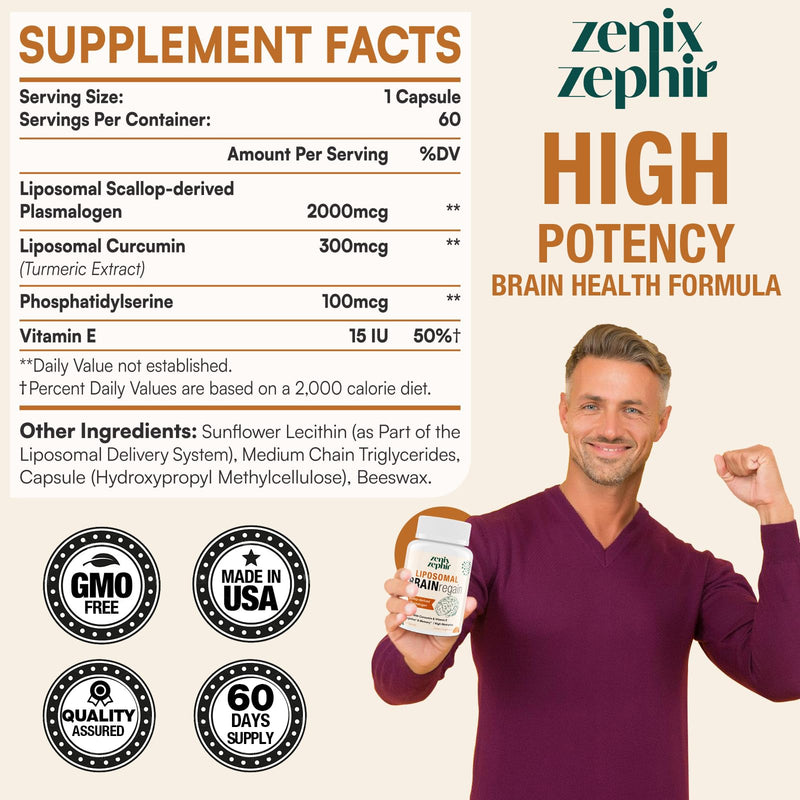 Liposomal Brain Supplement for Memory and Focus, 60 Servings | Plasmalogen, Curcumin, Vitamin E, Better Absorption, Cognitive Health, High Potency, for Seniors, Adult Men & Women