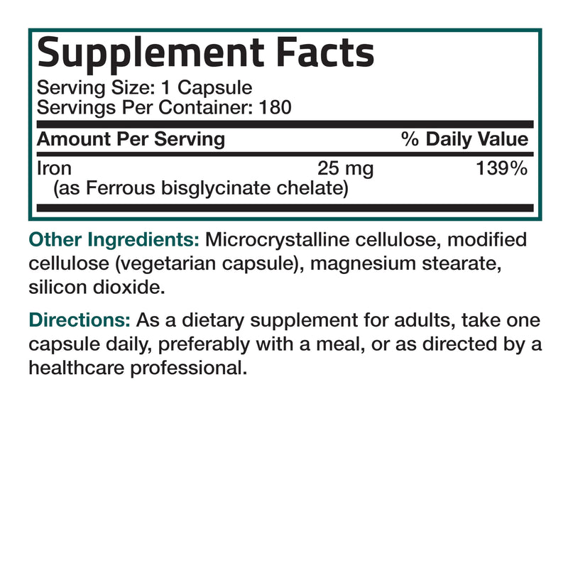 Bronson Iron Bisglycinate 25 mg Gentle on The Stomach, Supports Energy & Healthy Red Blood Cell Production - Non-Constipating Formula - Non GMO, 180 Vegetarian Capsules 180 Count (Pack of 1)