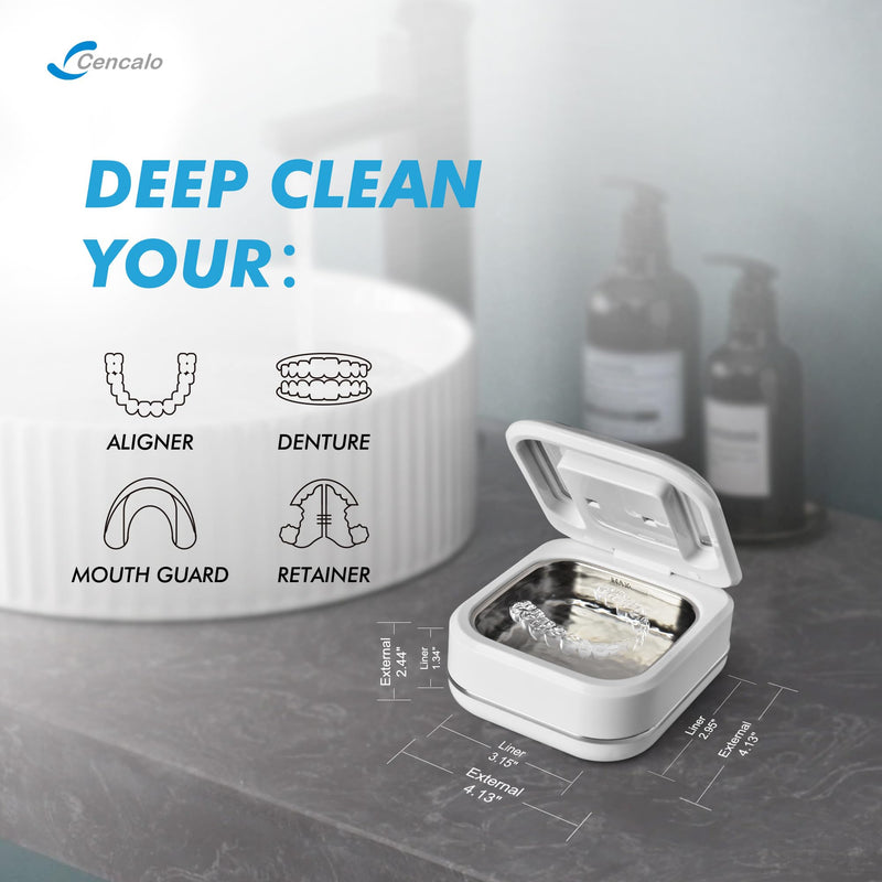 [Australia] - Ultrasonic Retainer Cleaner Machine with 2 Digital Timer, U-V Dental Cleaning Pod with Viewing Port,180ml Portable Denture Cleaner for Mouth Guards, Night Guards, Aligners, Brace, Jewelry, 42kHz White 