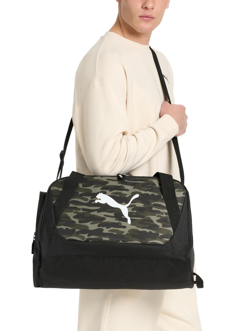 PUMA unisex-adult Form Factor Duffel with Adjustable Strap, Padded Bottom & Zip Pockets Black/White One Size