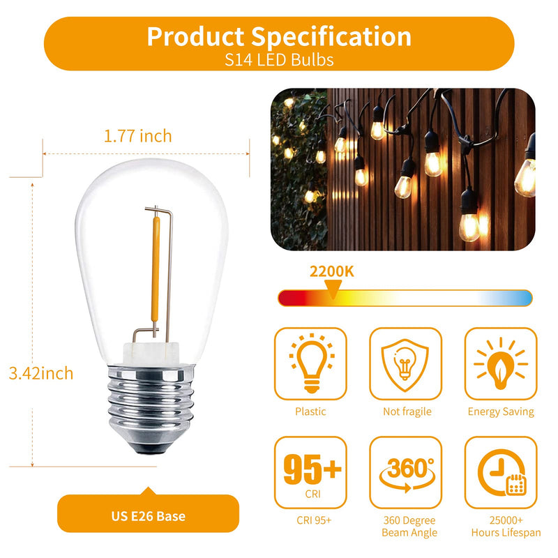 [Australia] - Meconard 24 Pack LED S14 Replacement Light Bulbs, Shatterproof Outdoor 1 Watt to Replace 11Watts String Incandescent Bulb, E26 Regular Medium Screw Base, 2200K Warm White, Non-Dimmable 24 Count (Pack of 1) 
