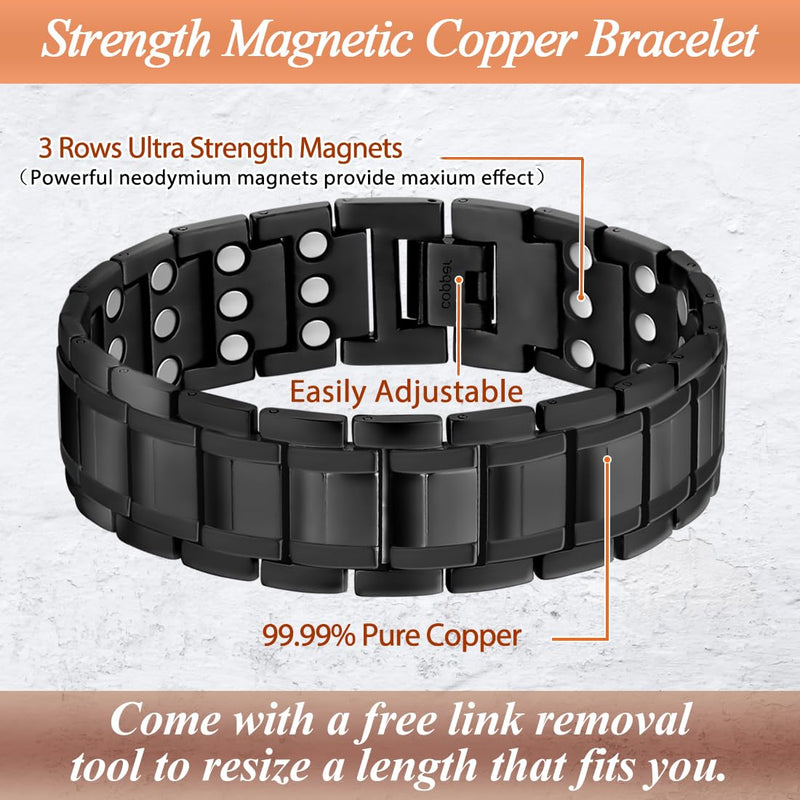 3X Copper Bracelet for Men Triple Ultra Strength Magnets, 99% Pure Copper Magnetic Bracelet & Ring Set with Adjustable Sizing Tool, Father's Day Jewelry Gifts for Men 3X Black