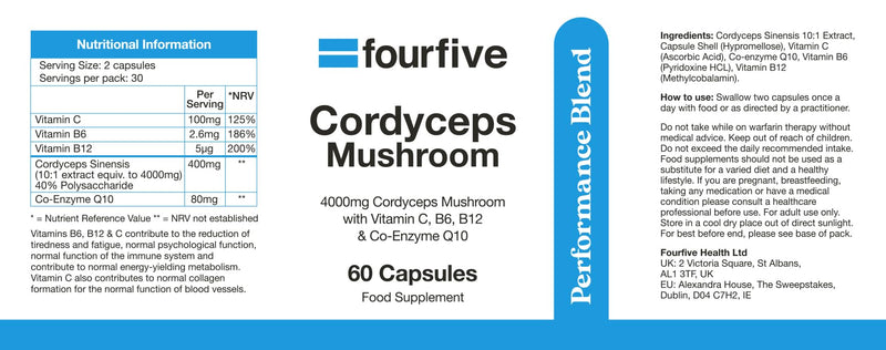 fourfive Cordyceps Mushroom Supplement (4000mg) Performance Blend with CoQ10 and Vitamins C, B6 and B12, Support Physical Performance, Energy & Recovery - 60 Capsules