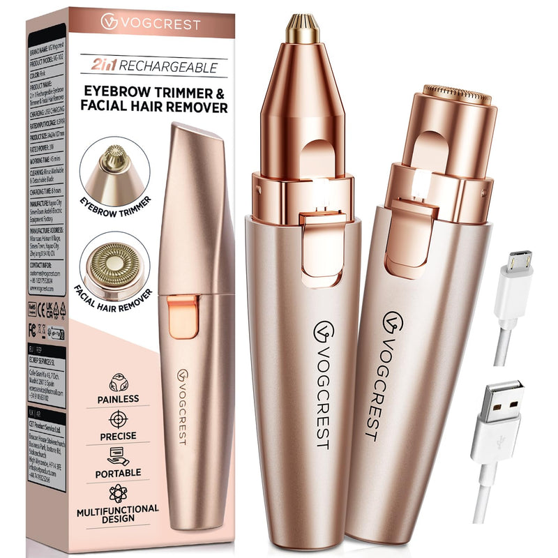[Australia] - VG VOGCREST Eyebrow Facial Trimmer 2 in 1 Rechargeable Facial Hair Removal and Eyebrow Shaver - Face Lips Body Painless Facial Razor with Built-in LED (Rose Gold) Rose Gold 