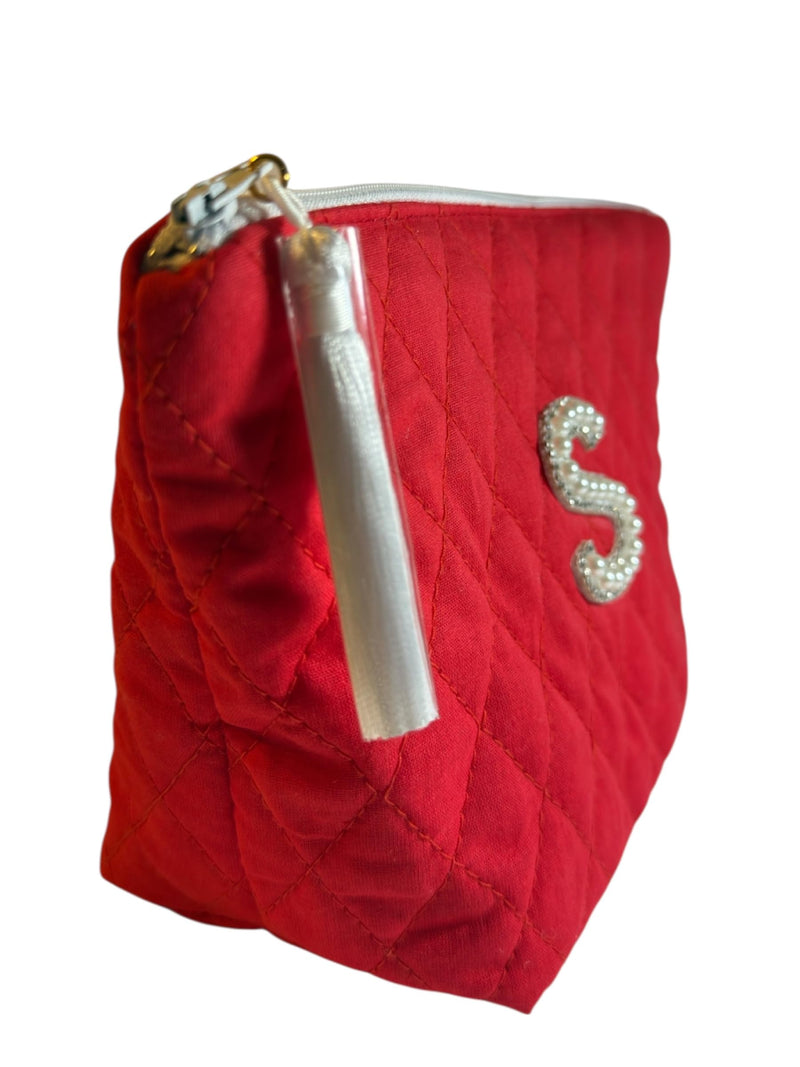 Personalized Quilted Makeup Bag, Red Cotton Pouch with Pearl Letter “S”, 9x6x3.5 inches, White Tassel