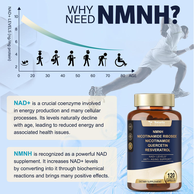 Totaria NMNH 500mg (Dihydronicotinamide Mononucleotide), Premium NMN Alternative Supplement w/Niacinamide (Vitamin B3), Quercetin, Trans-Resveratrol, for NAD+, Skin Cell, Anti-Aging & Energy, 120 Ct 120 Count (Pack of 1)