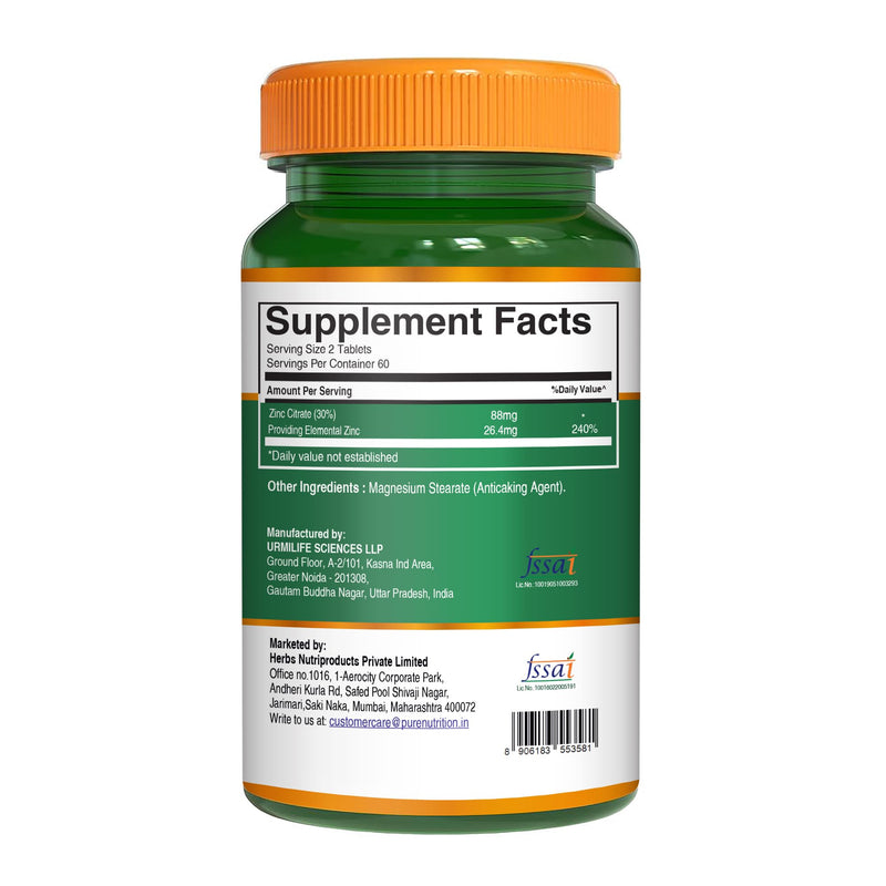 Pure Nutrition Zinc Citrate 26.4mg | 120 Veg Tabs | Highly absorbable Zinc Citrate Supplement to Support Skin, Eye and Immune Health* | Non GMO