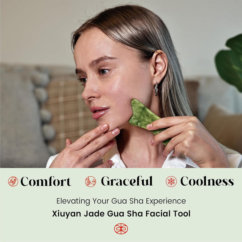 [Australia] - Rena Chris Natural Jade Gua Sha Facial Tools - Acupressure & Gua Sha for Face Massage, Jawline Sculpting, Puffiness Reduction, Skin Care Tool (Green) Green 