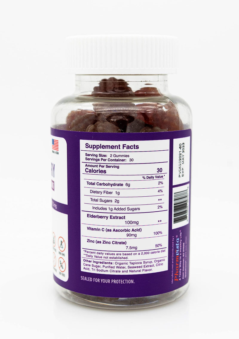 Elderberry Gummies 100mg with Vitamin C and Zinc - Immune Support, Gluten Free Gummies with 7% Anthoycyanin - 60 Count