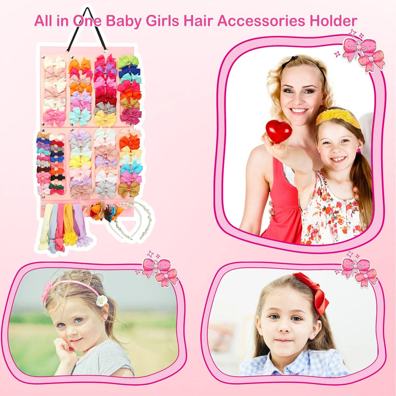[Australia] - Vimiv Hair Bows Holder w/Large Capacity, Hair Clips Storage Hanger w/16 Ribbons, Hair Bows Organizer, Baby Accessory Display w/Sturdy Rope, Wall Hanging for Girl Room, Nursery Decors Adorable Pink 