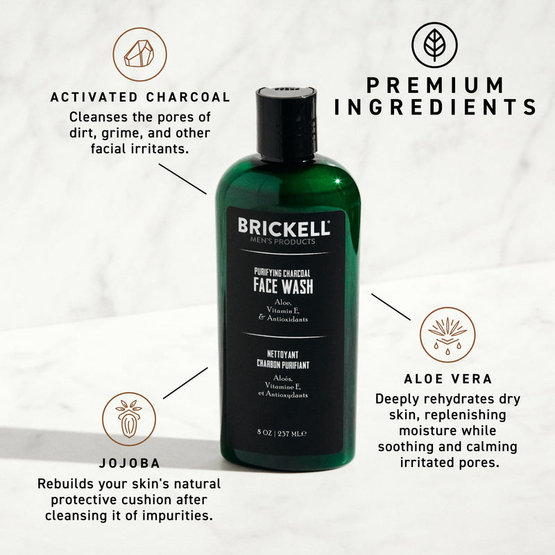 Brickell Men's Purifying Charcoal Face Wash for Men, Daily Facial Cleanser, With Charcoal, Vitamin E, and Hyaluronic Acid, 8 Ounce, Scented Facial Cleanser, Scented 8 Ounce (Pack of 1)
