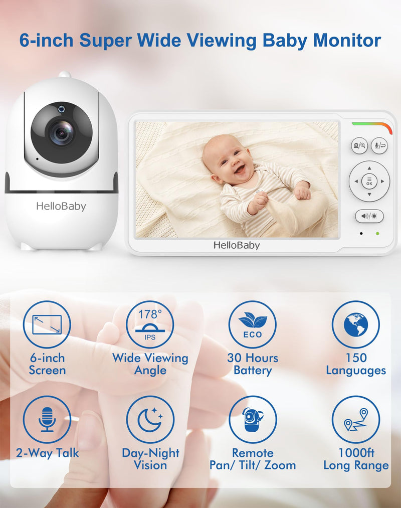 [Australia] - HelloBaby Baby Monitor 6" World First IPS Screen 30H Battery, Secure No WiFi, Pan Tilt Video Camera with Night Vision, VOX, 2-Way Talk, 1000ft, Portable Video Audio Monitor Ideal for Mom, Elderly, Pet HB6560 