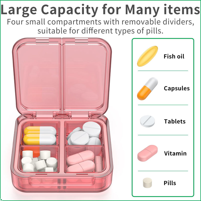 Small Pill Box,4 Compartments Travel Pill Case, Portable Pill Organizer,Mini Pill Container for Pocket,Daily Compact Travel Medicine Holder for Vitamins Fish Oil and Supplement Storage(Pink+Purple) Pink+purple