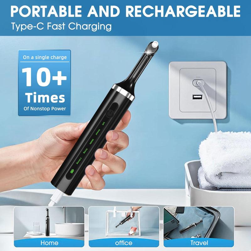 [Australia] - Plaque for Teeth Whitening Tools Electric Tartar Polishing Cleaning Kit with LED Light 5 Speed Modes with 5 Replacement Brush Heads (Black) 