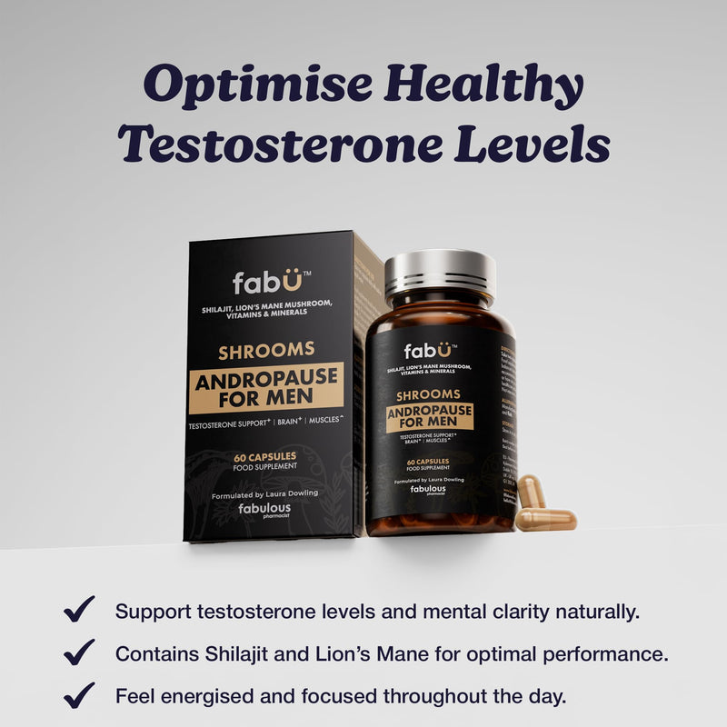 fabÜ Shrooms Andropause - Natural Shilajit & Lion's Mane Supplement for Men - Complete Multivitamin with Zinc, B12 & Minerals for Energy, Cognition & Testosterone Support - 60 Capsules