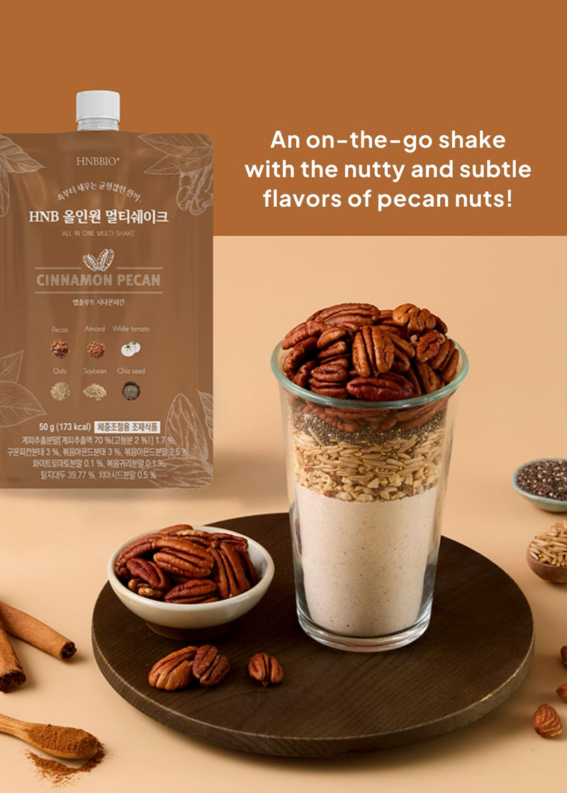 Korean Food All-In-One Multi Shake, Cinnamon Pecan, Fiber, 7 Pack, 350g | Cinnamon pecan-flavored powder blend with dietary fiber in convenient individual packs