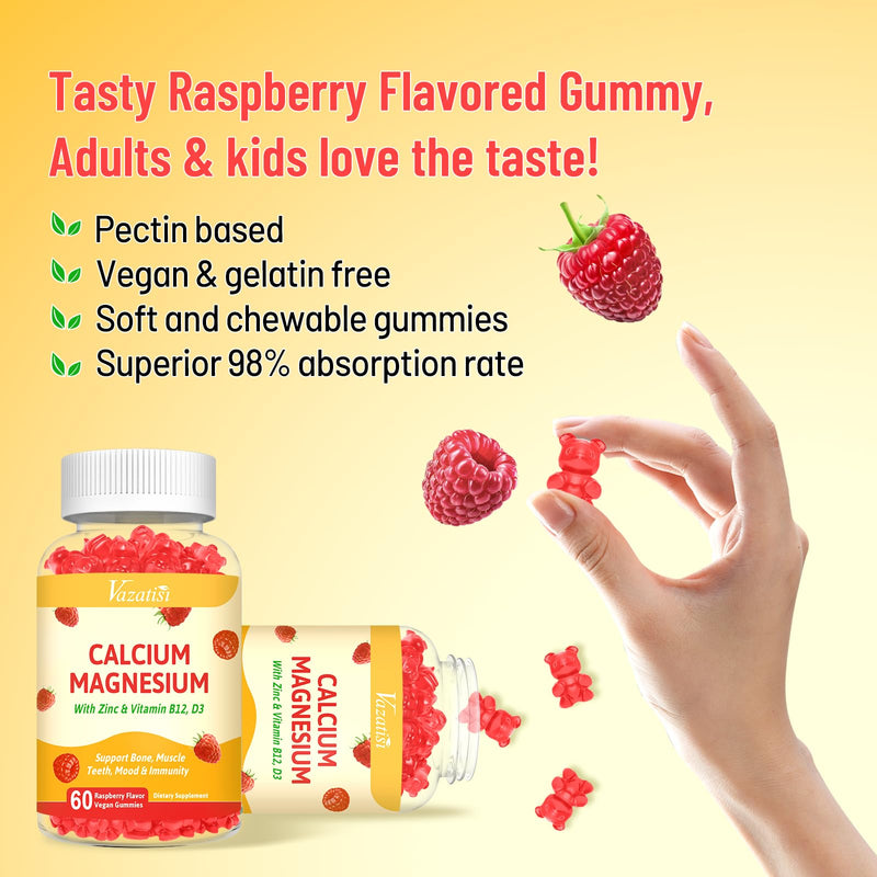 2 Pack Calcium Gummies with Magnesium, Zinc, Vitamin D3 & B12, Calcium Supplements for Women Men, Support Bone, Muscle and Immunity, 120 Vegan Raspberry Flavor Gummies 60 Count (Pack of 2)